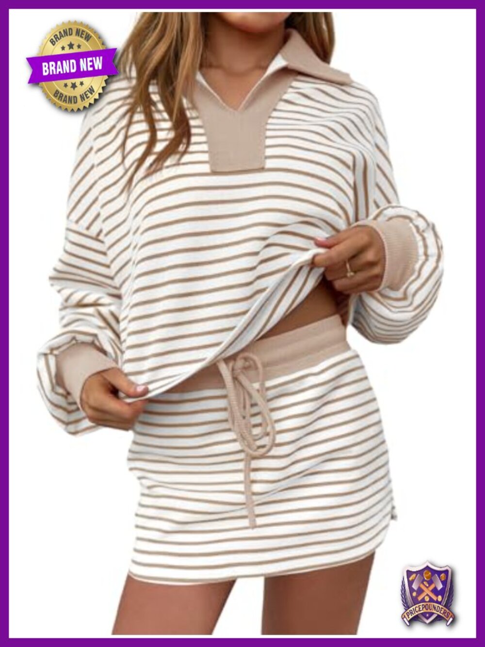 Fisoew Womens 2 Piece Striped Sweatshirt Skirt Set Long Sleeve V-Neck Lounge